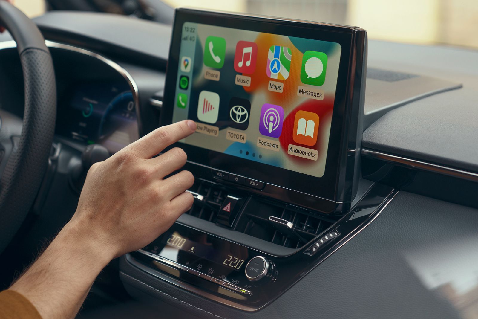 The Toyota Corolla Sedan’s multimedia touchscreen displaying Apple CarPlay